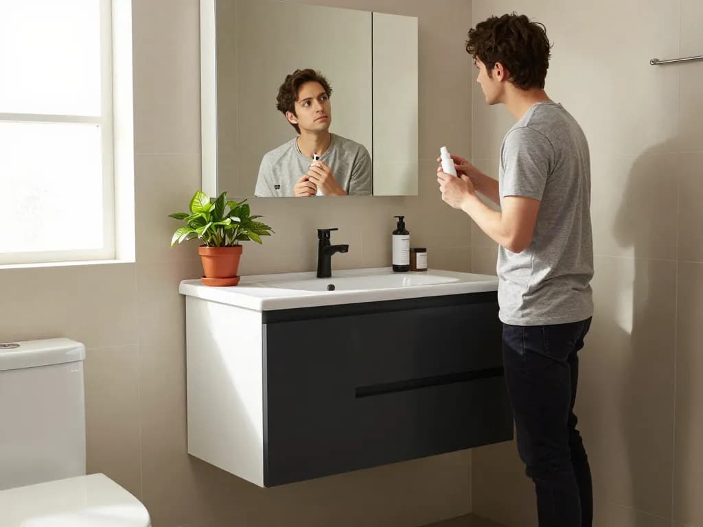 Ondiepe badkamerkast van https://vixxbadkamers.nl/badkamermeubel/ondiep met modern design in een stijlvolle kleine badkamer.