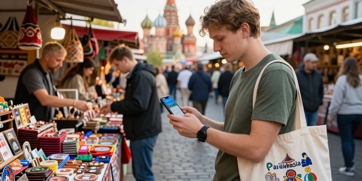 Betalingen in Rusland met de PayInRussia-app, tourist in levendige markt vol traditionele goederen.