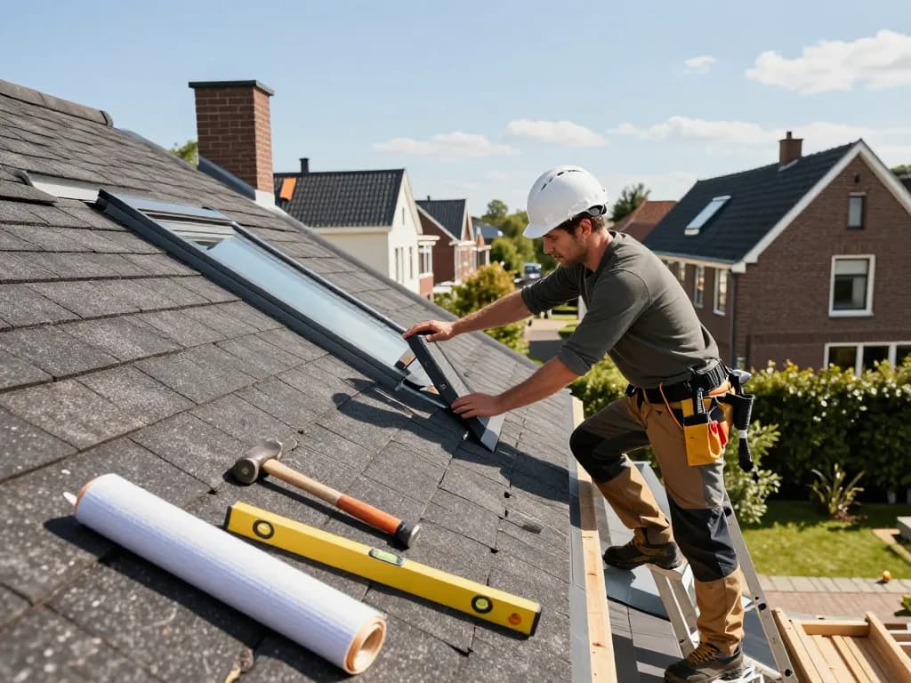 Professionele dakdekker inspecteert een nieuw dak in Utrecht, toont betrouwbare dakdekker Utrecht diensten.