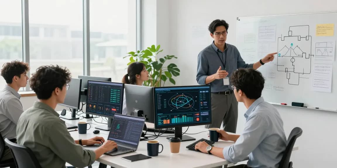 快连 network optimization scene with tech professionals collaborating in a modern office