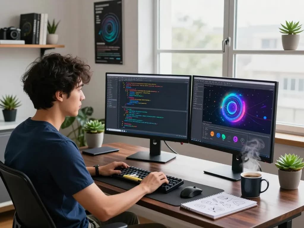 AI developer coding with juicy ai on dual monitors in a modern workspace.