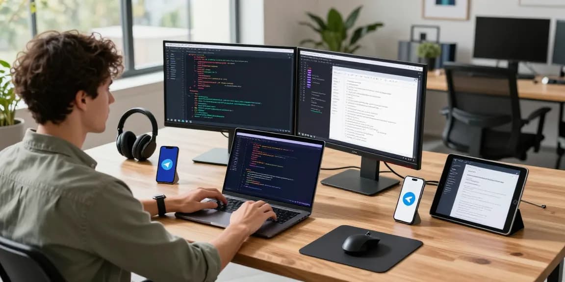 Download Telegram while coding in a vibrant tech workspace filled with dual monitors and gadgets.
