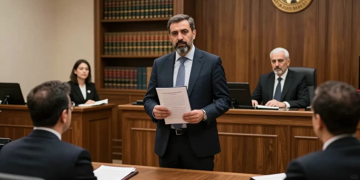 Turkish lawyer presenting a case in a professional courtroom setting, conveying legal authority.