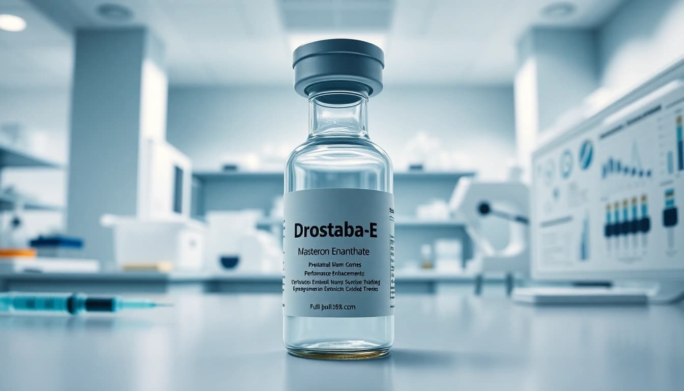 Drostabal-E Masteron Enanthate vial prominently displayed in a clinical laboratory environment.