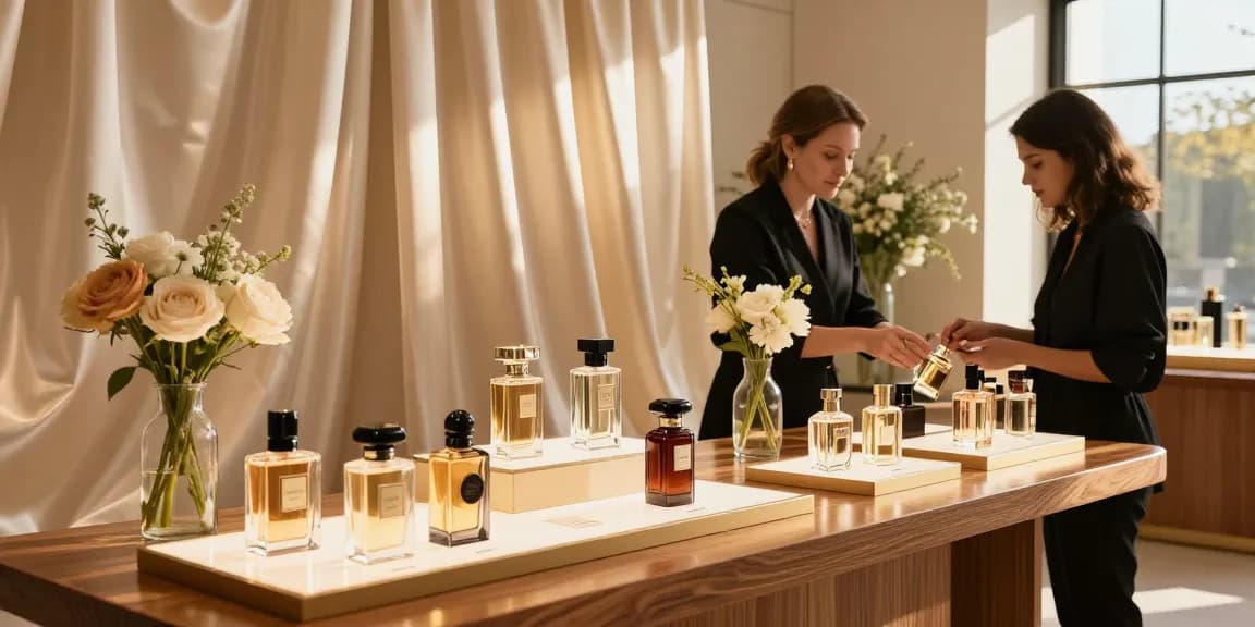 Presentatie van gissah parfum in een luxe winkel met prachtige flessen en zachte verlichting.