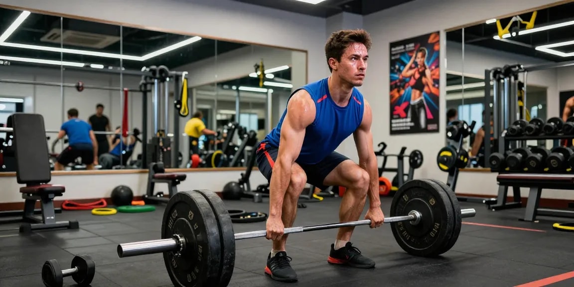 Prime Pharma Steroids voor bodybuilding trainingen in moderne sportschool, man heftig aan het deadliften.