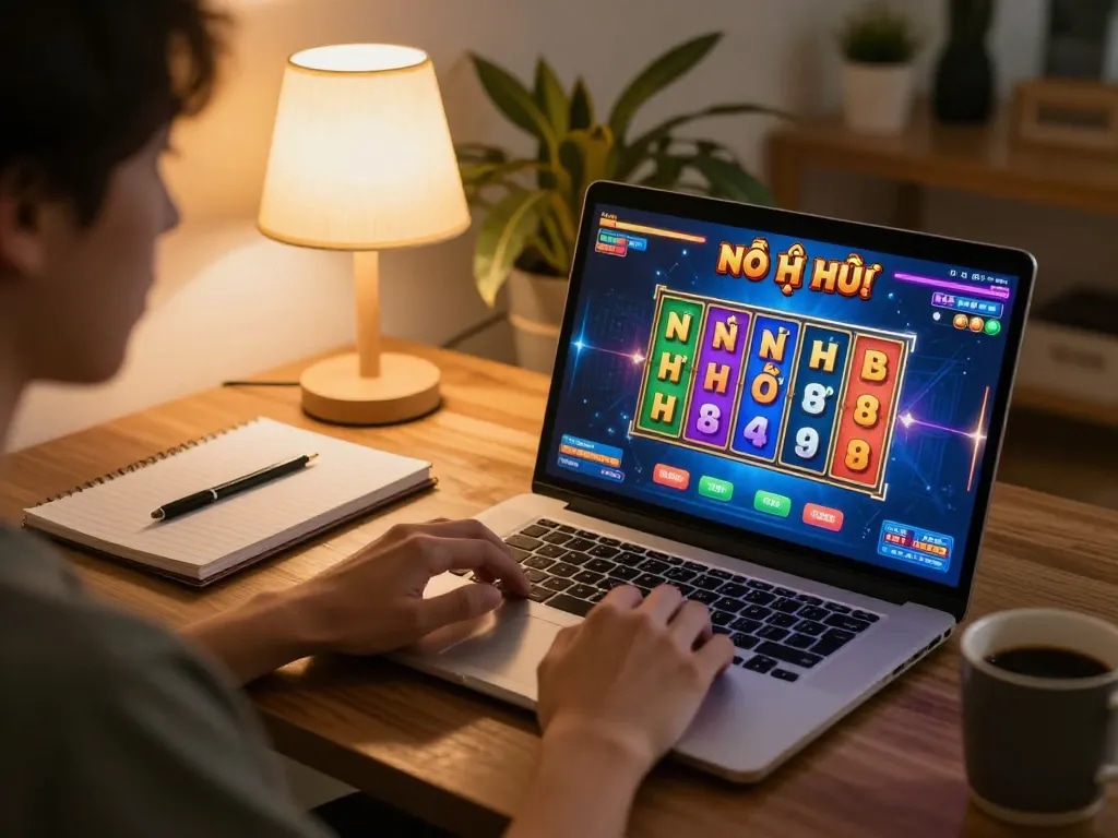 Experience thrilling nổ hũ gameplay on a laptop at home with exciting spinning reels.