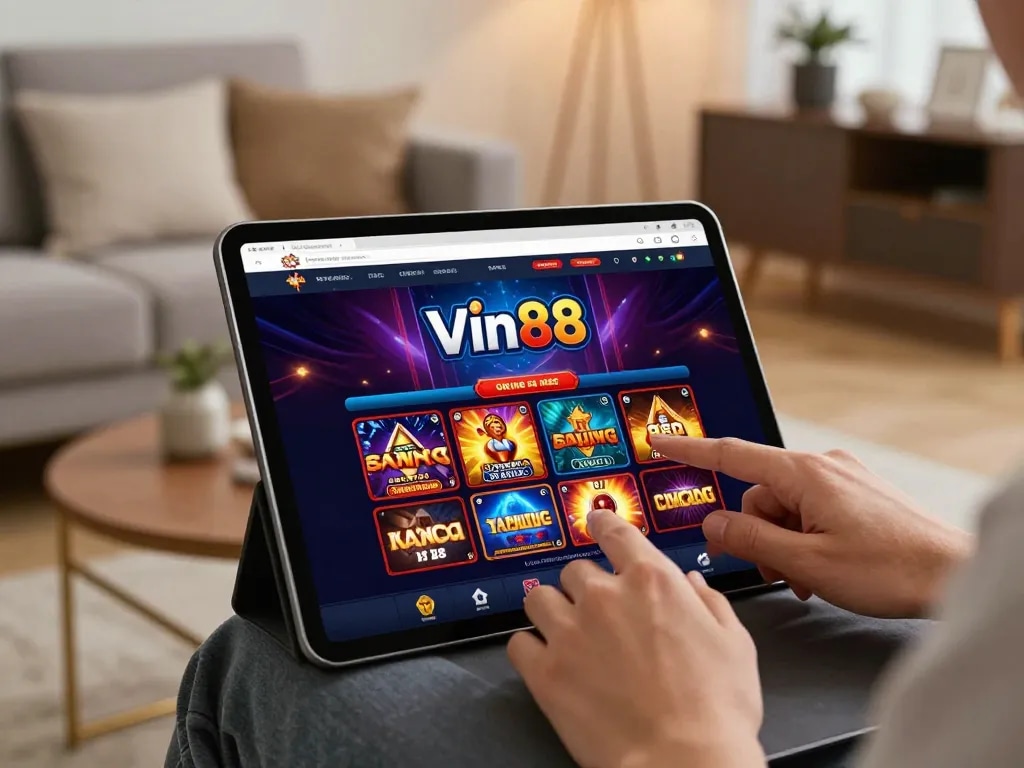Enjoying mobile gaming at home with Vin88 casino app on tablet amidst a cozy setting.