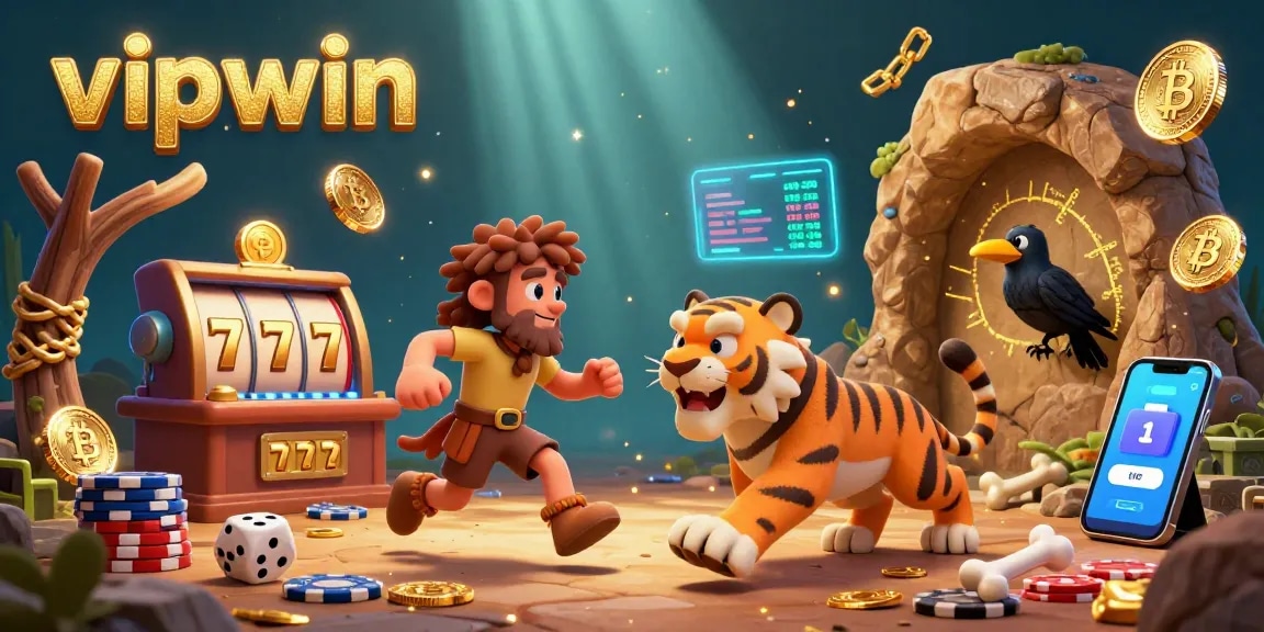 Experience vibrant gameplay at vipwin with a prehistoric casino setting featuring a clever crow and caveman duo.