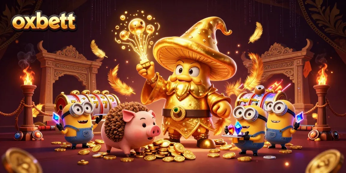 Spin and win with oxbett's enchanted golden wizard, surrounded by casino treasures