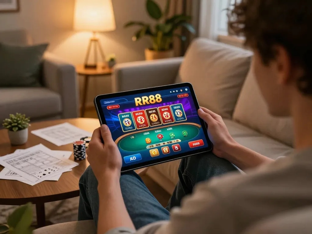 Engaging gameplay on RR88’s tablet interface in a cozy home setting