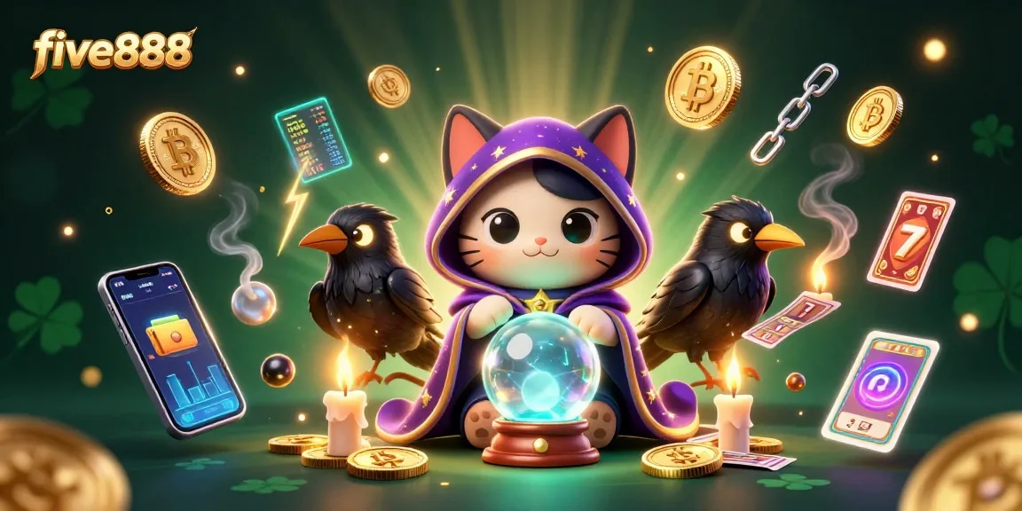Experience the enchanting world of five888 as a fortune teller cat and raven deal cards in a vibrant casino atmosphere.