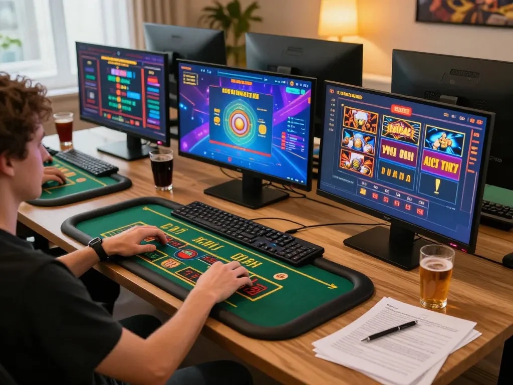 Player engaging with 11bet1 casino games on multiple screens in a cozy home setup.