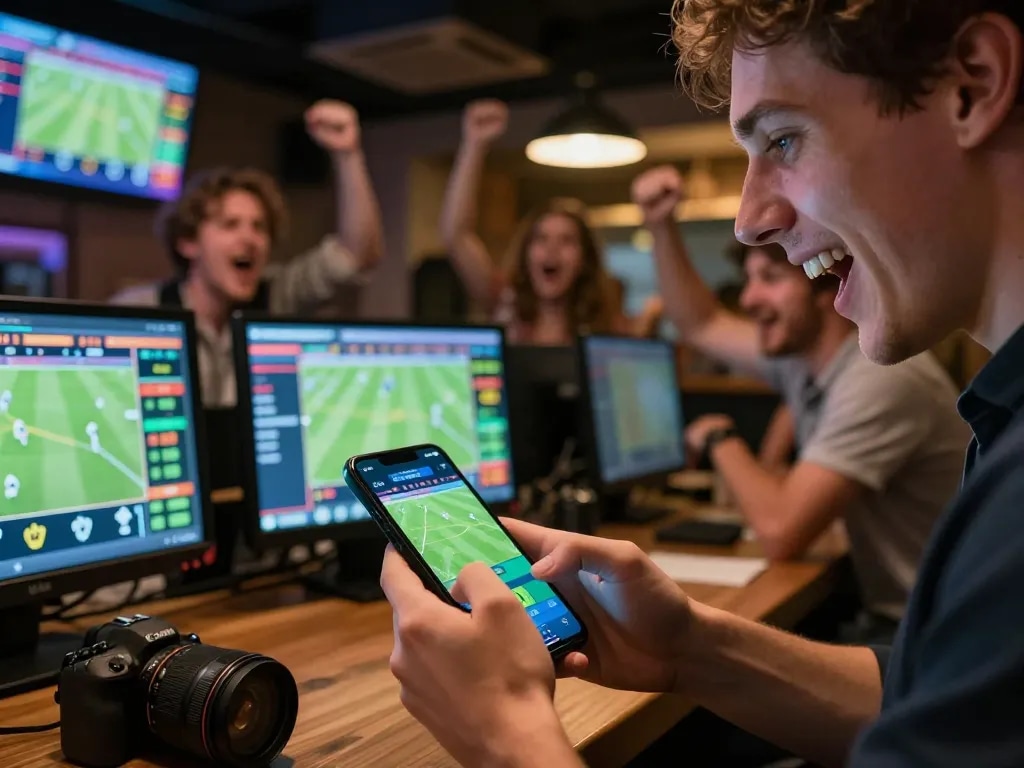 Individual using sports betting app on smartphone during match excitement at 28bets.