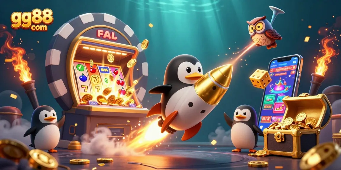 Experience exciting gaming action at gg88 com with golden penguins, slot machines, and rich casino elements.