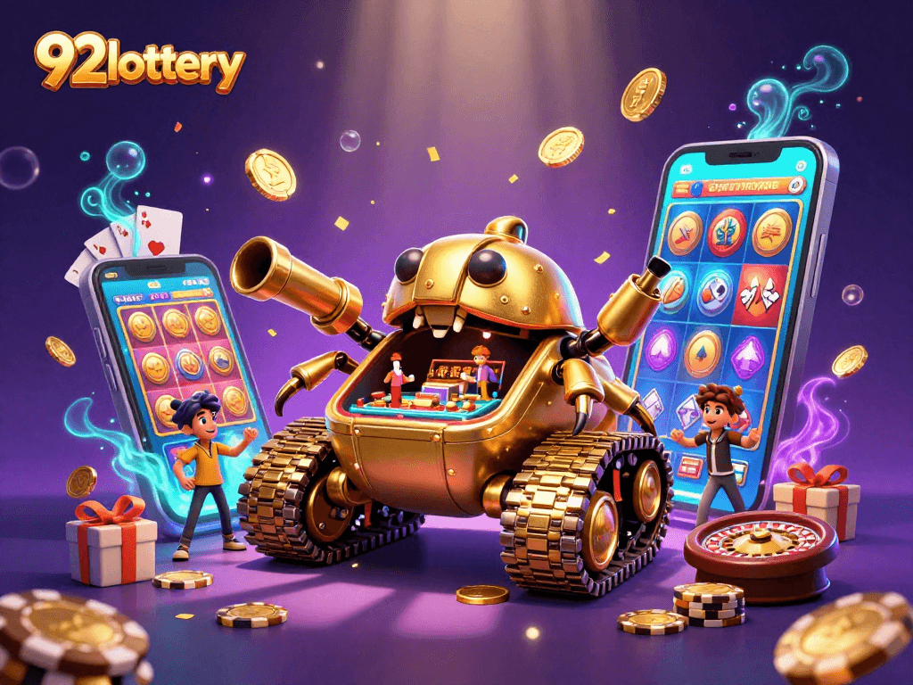 Engage with 92lottery's immersive gaming experience featuring a dynamic 3D casino scene.