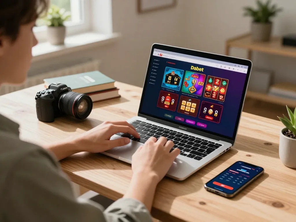 Dabet provides an immersive online gaming experience with poker and slots visible on a laptop screen.