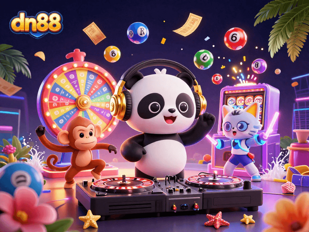 Join the fun at dn88 as characters celebrate with vibrant gaming elements, including lottery balls and a prize wheel.