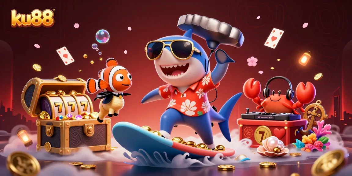 ku88 showcases a vibrant 3D scene with a shark surfer, a tuxedo-clad clownfish, and a DJ crab creating a dynamic casino atmosphere.