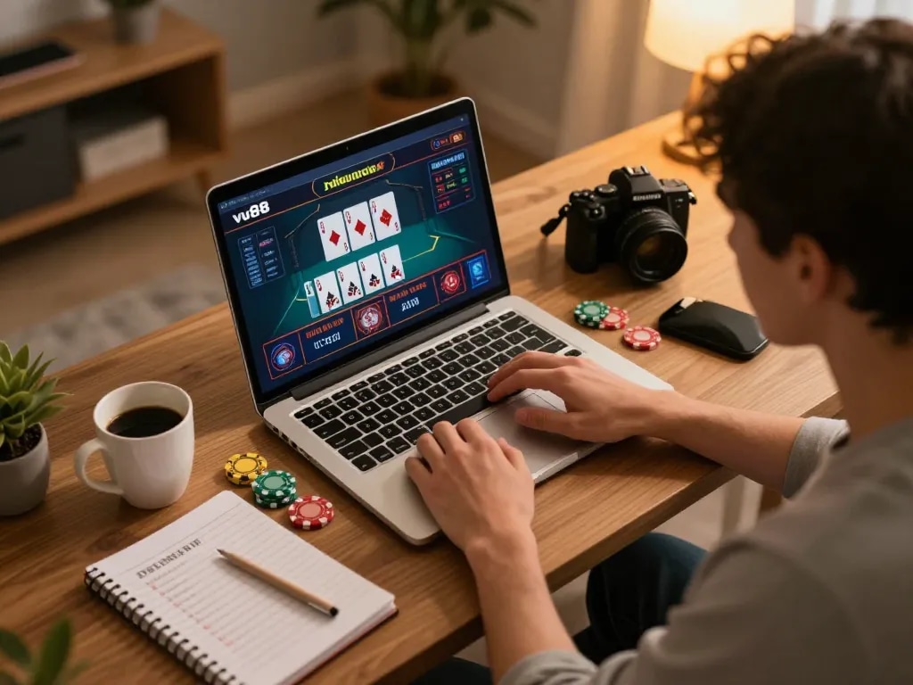 Player engaging in a blackjack session at the vu88 online casino, showcasing strategy and focus in a cozy home environment.