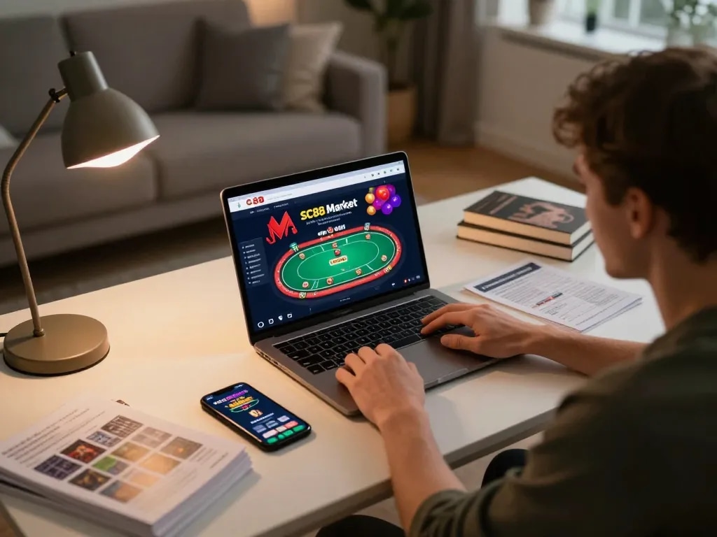 Engaged player exploring SC88 Market on laptop while practicing strategic betting.