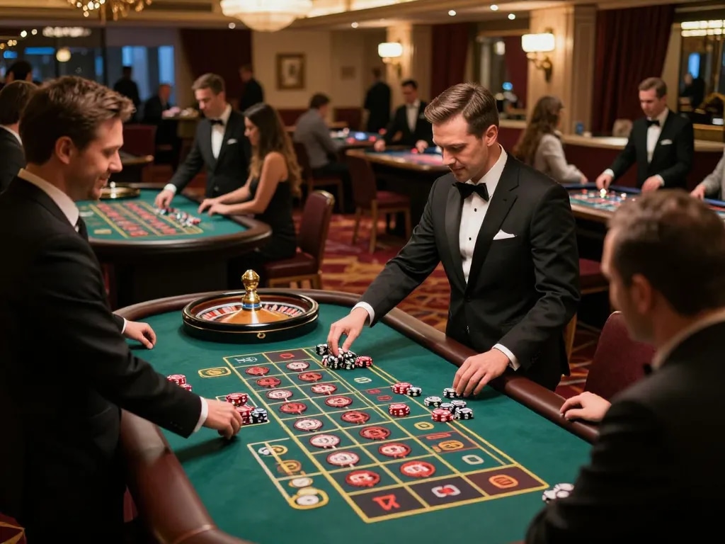 Engaged players at a casino placing bets on roulette tables, showcasing the exciting link LLwin experience