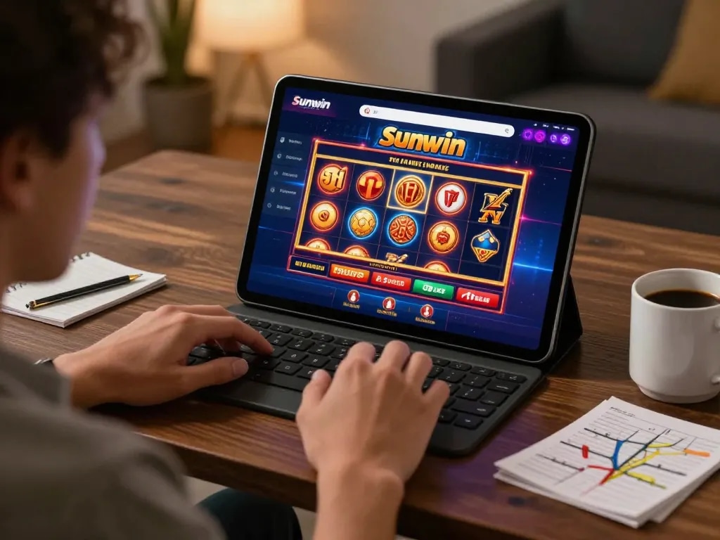 Sunwin user engaging with casino app interface on tablet showcasing exciting online gaming.