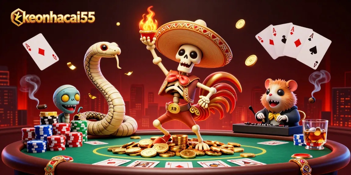 Experience keonhacai55 with vibrant characters celebrating a big win at a poker table.