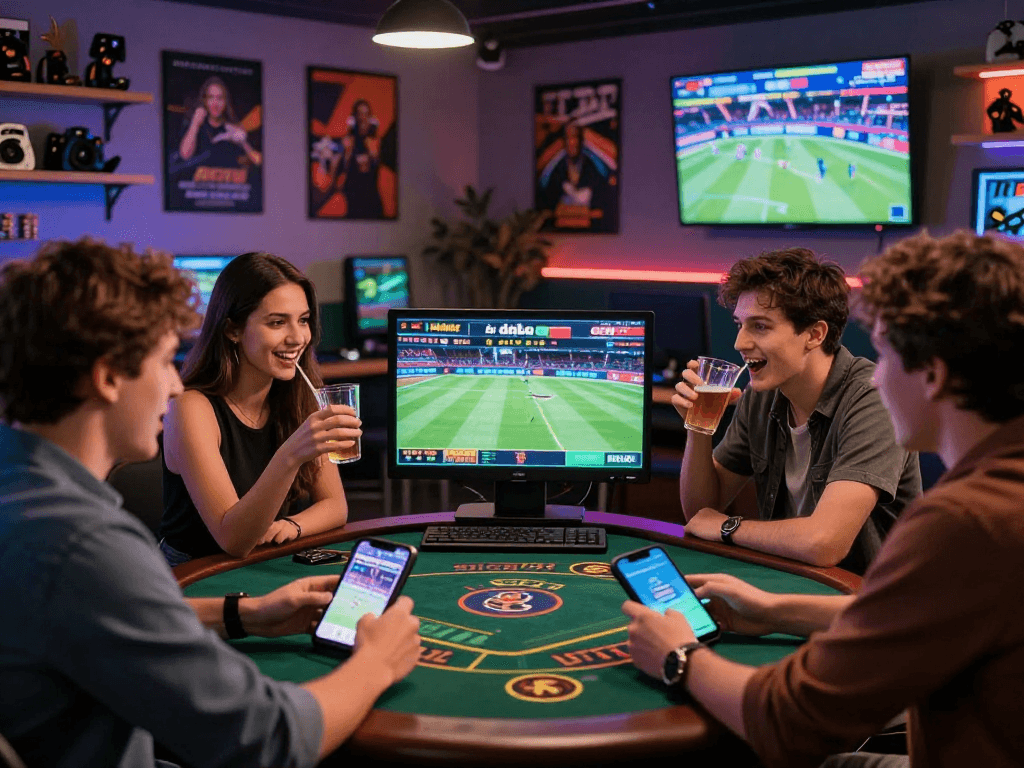 Exciting group of friends enjoying online betting at nhà cái oxbet in a lively urban loft.