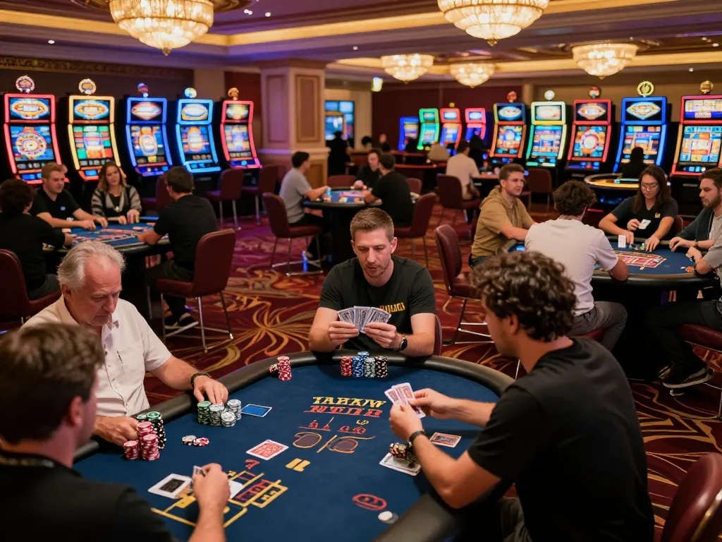 Red 88 casino scene with poker players revealing cards, highlighting excitement and luxurious atmosphere.
