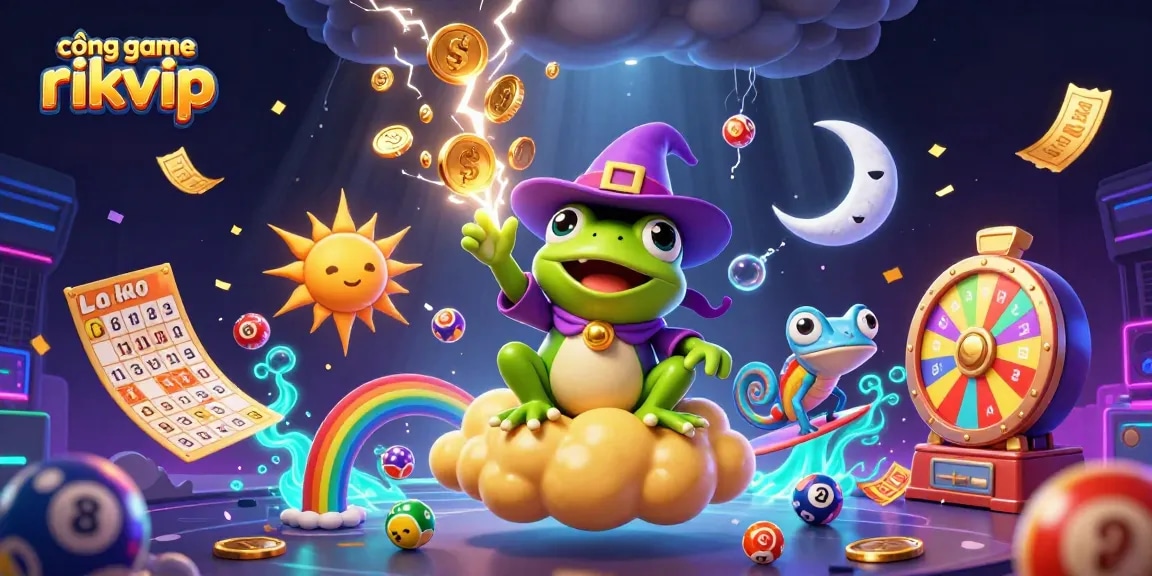 Experience the thrill of cổng game rikvip with vibrant illustrations of casino games in a magical scene.
