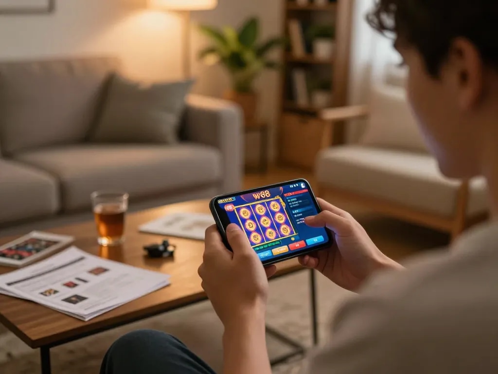 Engaging gameplay on w 88 casino app featuring vibrant slot options in a cozy home setting