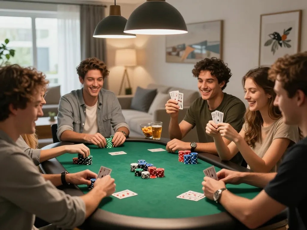 Friends enjoying a thrilling poker game at home with Uk 88, vibrant chips and winning hands visible.
