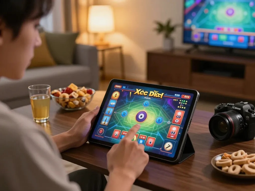 Xóc đĩa game displayed on a tablet in a cozy living room setting, showcasing engaging online gameplay.