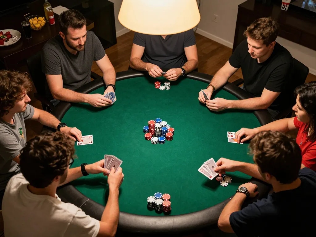 Players enjoying a friendly poker night at home, showcasing the vibrant social gaming atmosphere of 79KING