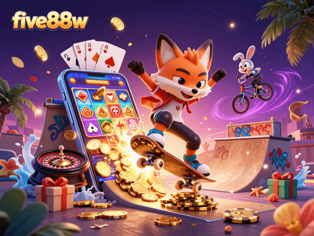 five88w engaging in action-packed casino illustrations featuring vibrant characters and game elements