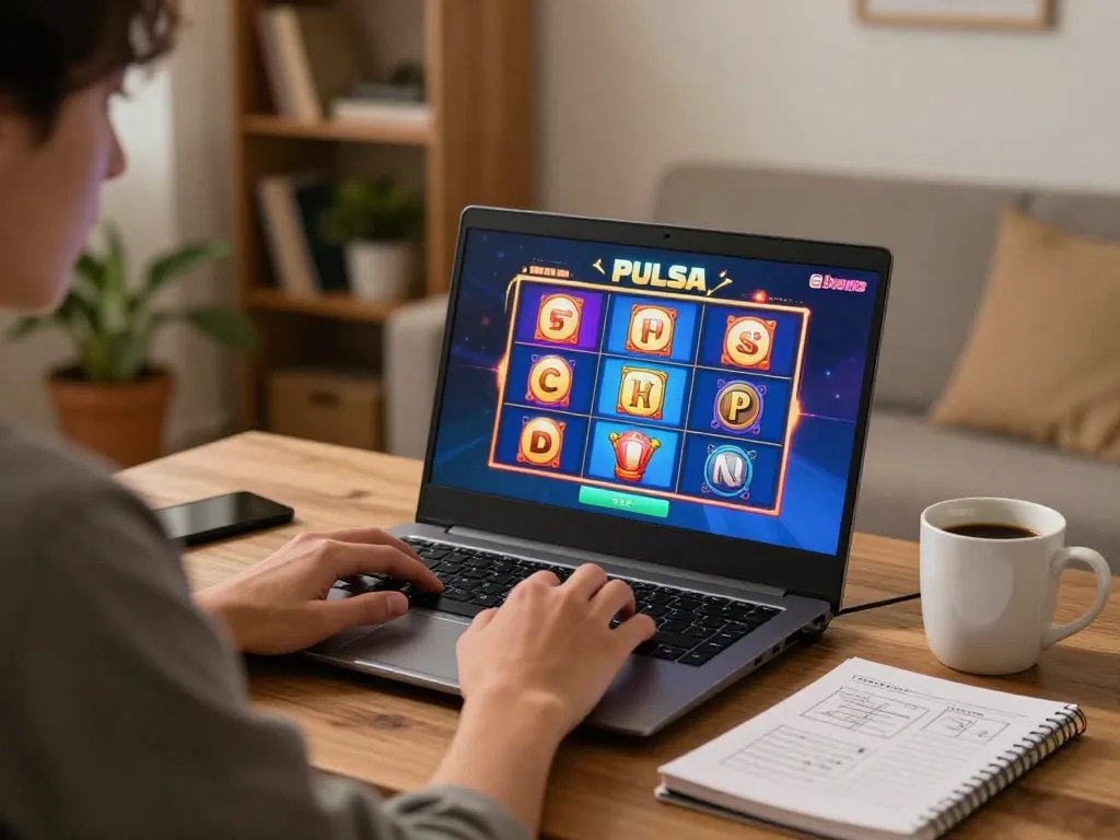 Engaging in slot pulsa gaming at home, revealing colorful interface and strategic notes.