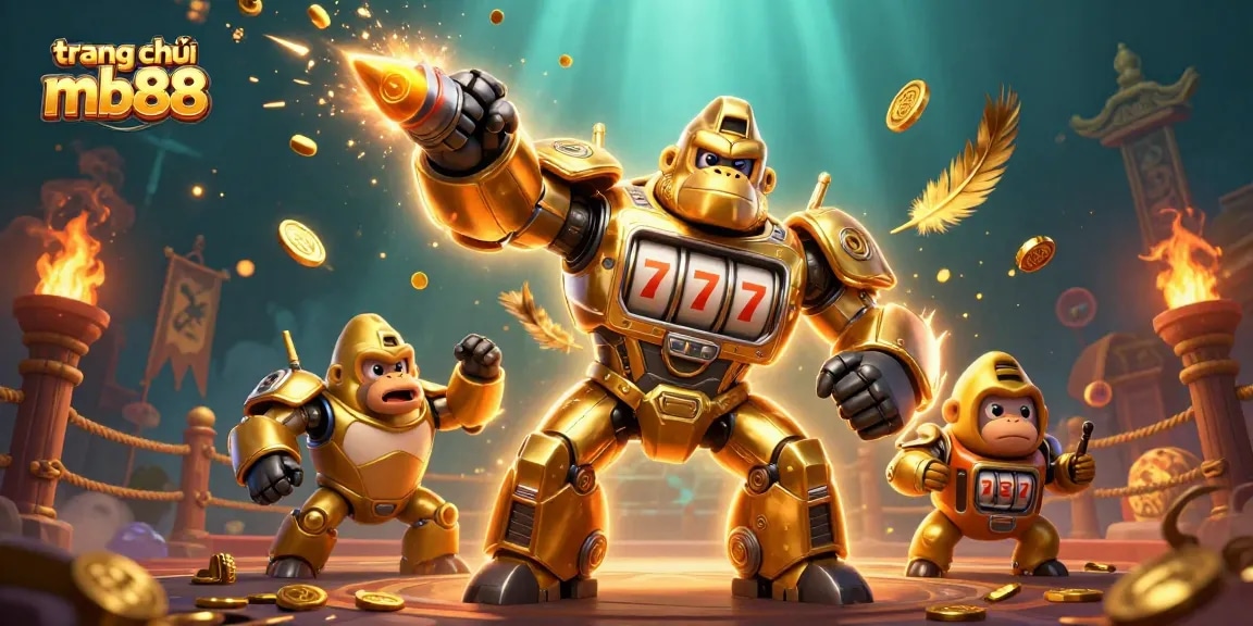 Khám phá trang chủ mb88 với hình ảnh 3D về chú gorilla vàng mech trong sòng bạc