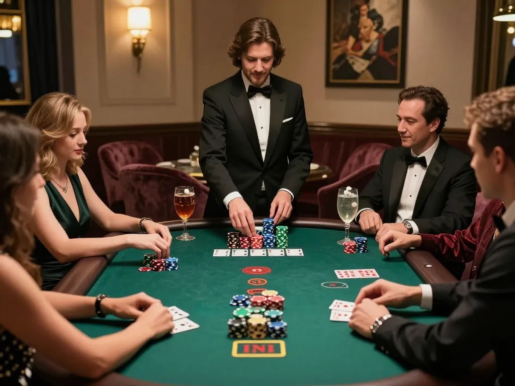 Players strategizing at PHPVIP blackjack table in a luxurious casino lounge with chips and cards.