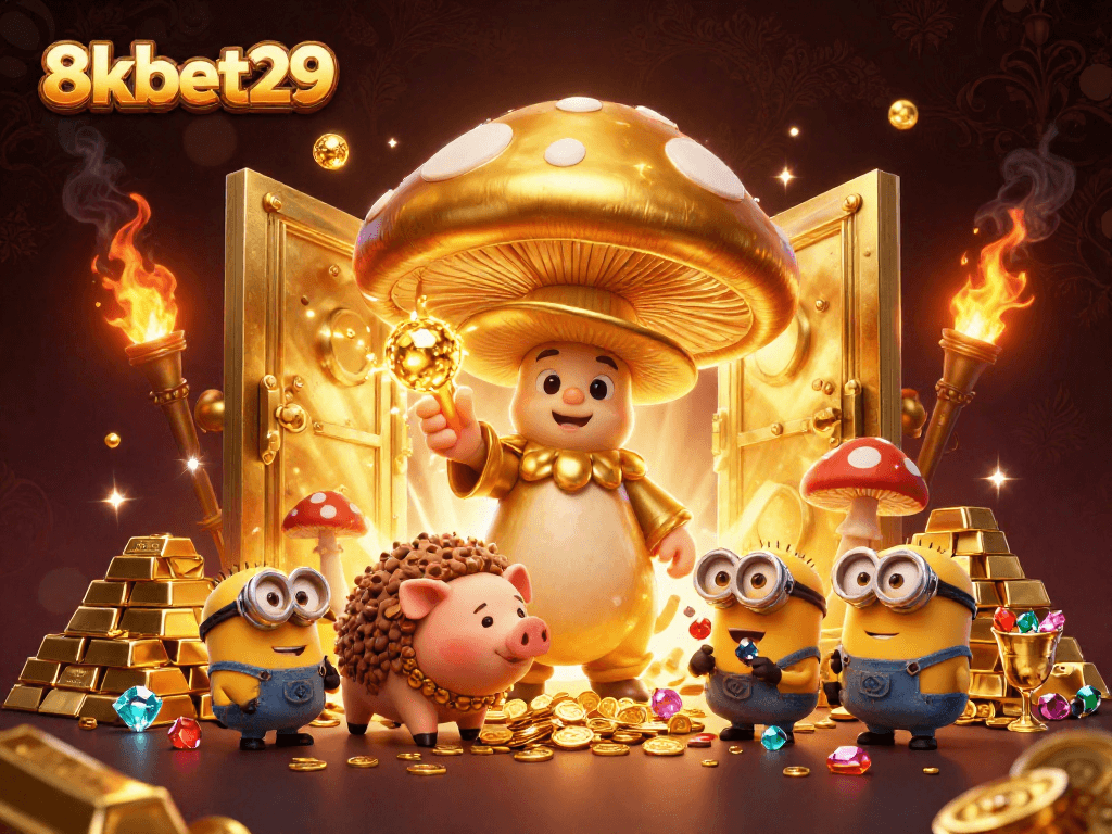 Engage in thrilling gaming with the vibrant 8kbet29 mascot character and dynamic treasure elements.