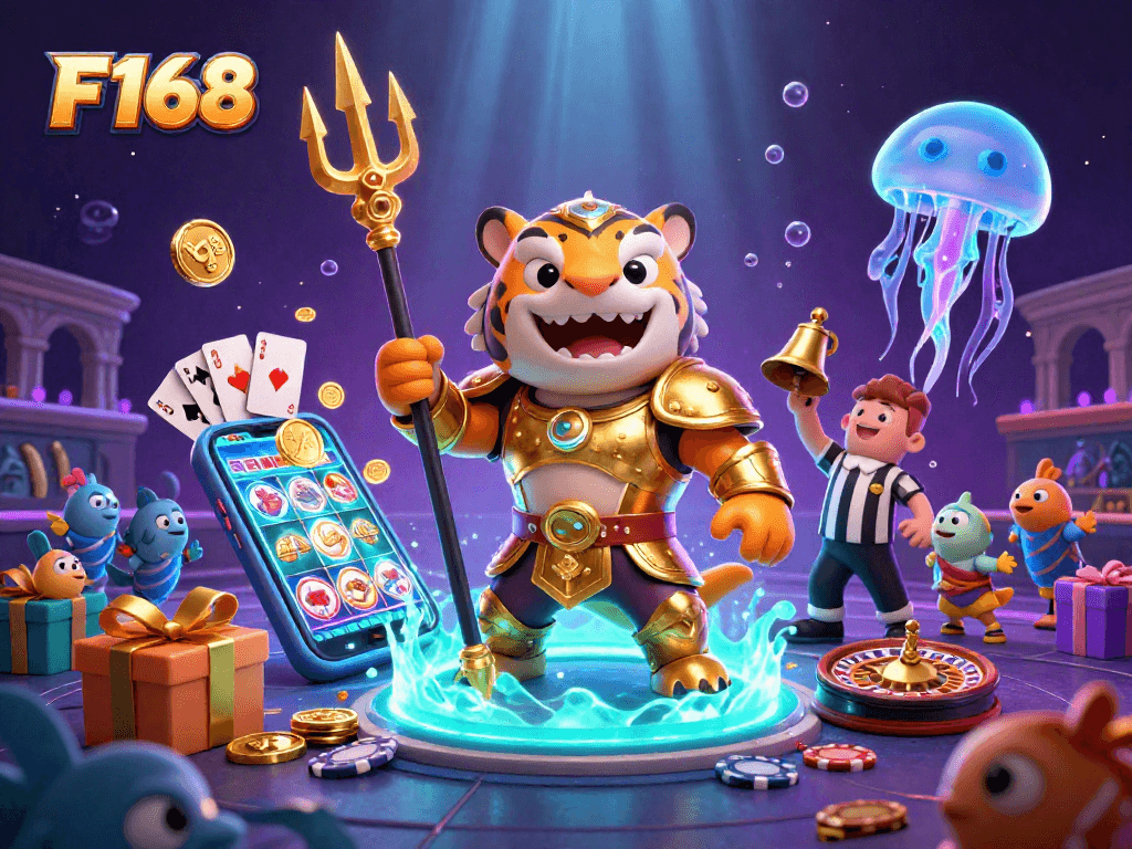Engage with F 168's thrilling underwater casino adventure, featuring a gladiator shark and vibrant gameplay elements.