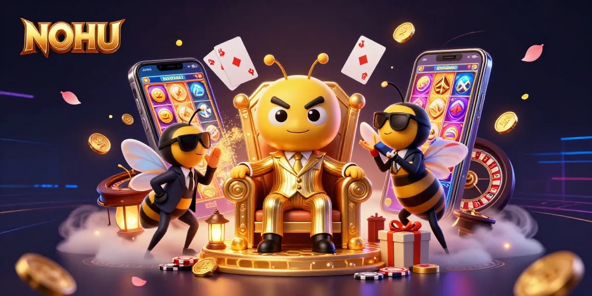Engage with NOHU's vibrant slot games amidst a whimsical casino scene featuring animated characters and rich visuals.