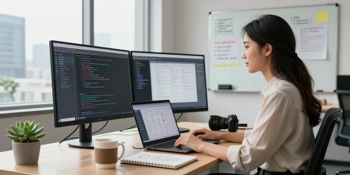 Build internal tools with AI in a modern tech workspace with dual monitors, project management tools, and a creative environment.