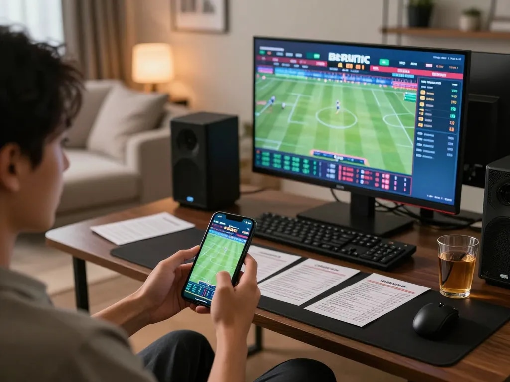 Engaging in mobile sports betting with co88i in a stylish modern home environment.