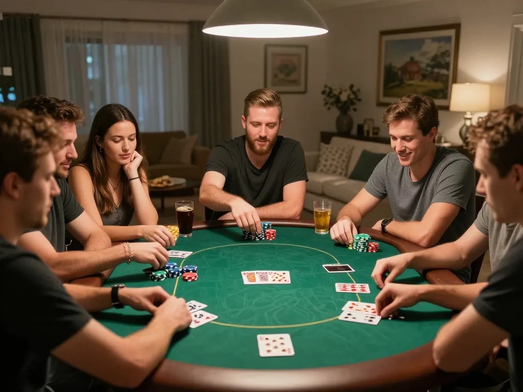 Watch friends enjoy a thrilling game of Texas Hold'em at home with keonhacai 88 action!