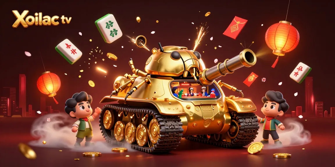 Xoilac tv features a dynamic casino scene with a golden beetle tank and festive gaming elements.