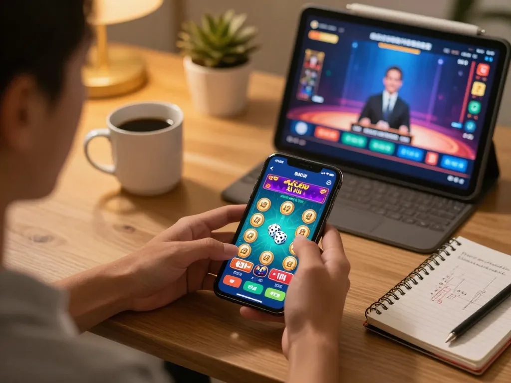 Engaging with game tài xỉu on a mobile app in a cozy home setup, highlighting interactive features.