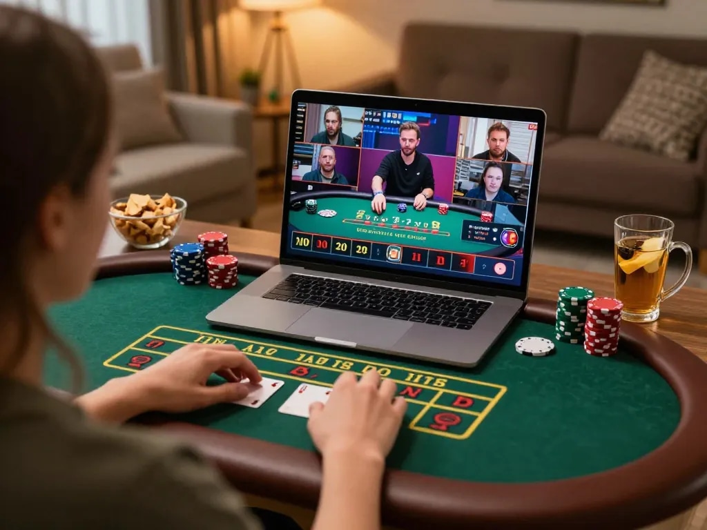 Say88 player engaging with live dealer blackjack game on laptop at home