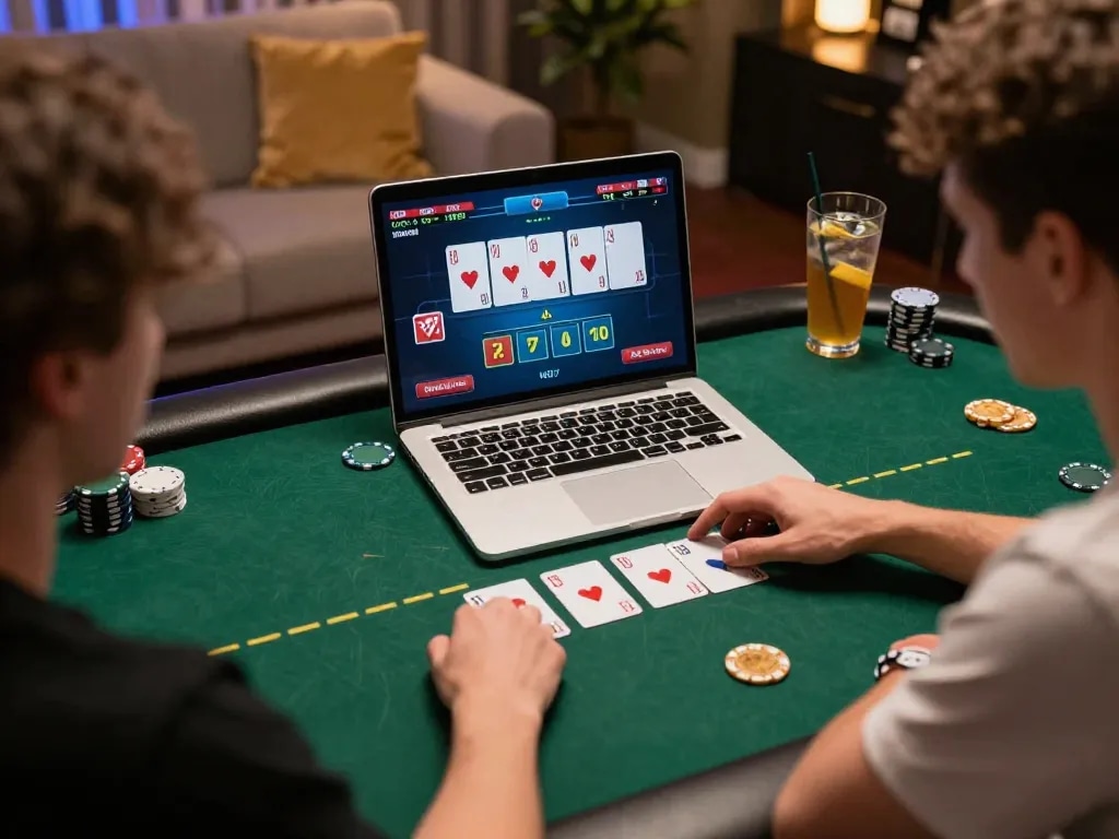 Player engaging in an online poker game on Jun88 VN while enjoying a cozy home environment