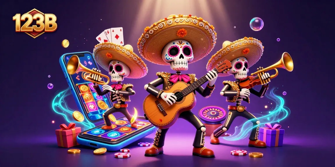 Engage in thrilling slot games with 123B's vibrant 3D digital casino illustration.